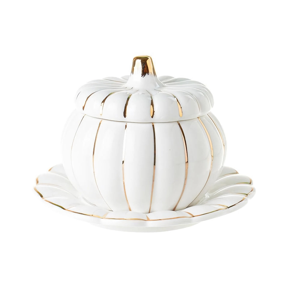 Elegant Gold Ceramic Pumpkin Soup Bowl with Lid