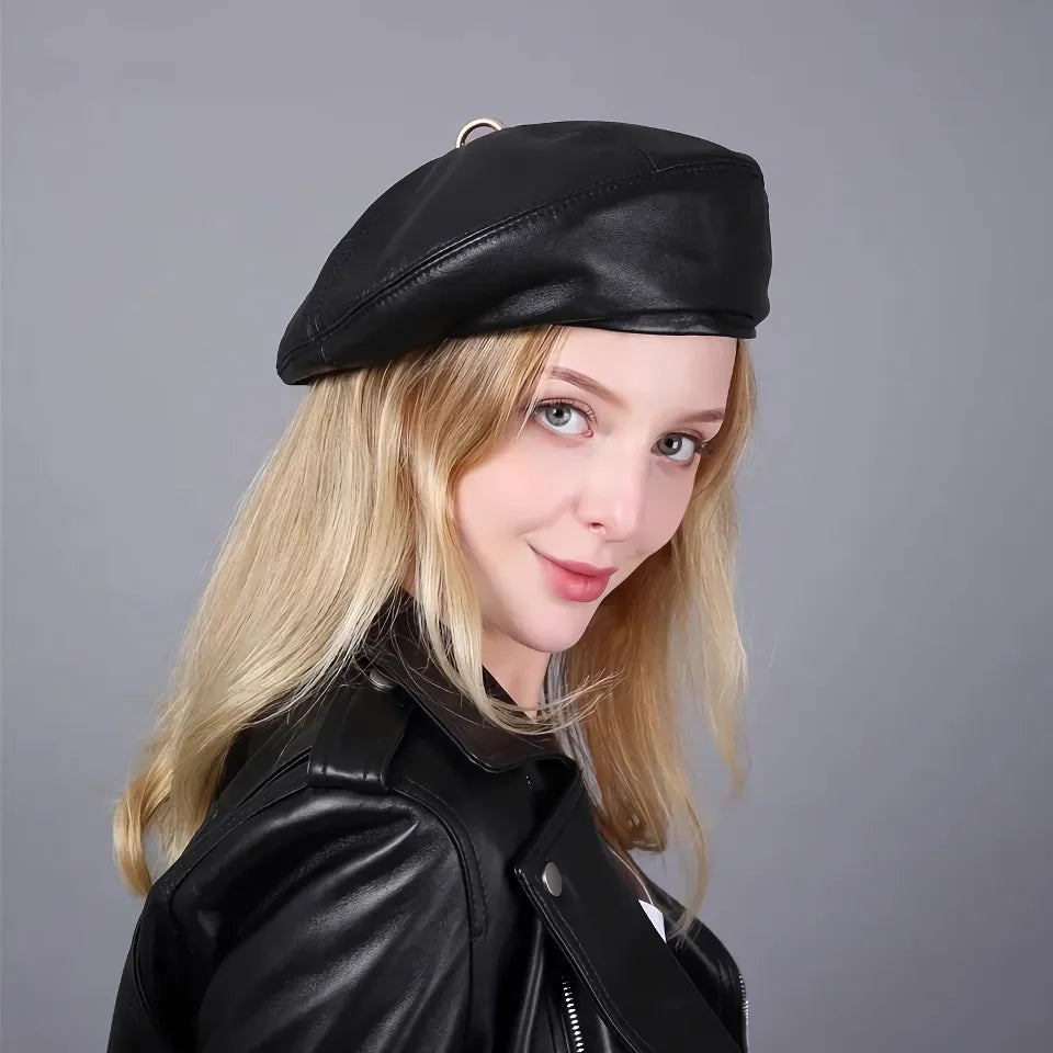 Chic Leather Beret Hat for Women – European Style Painter Cap in Rainbow Colors