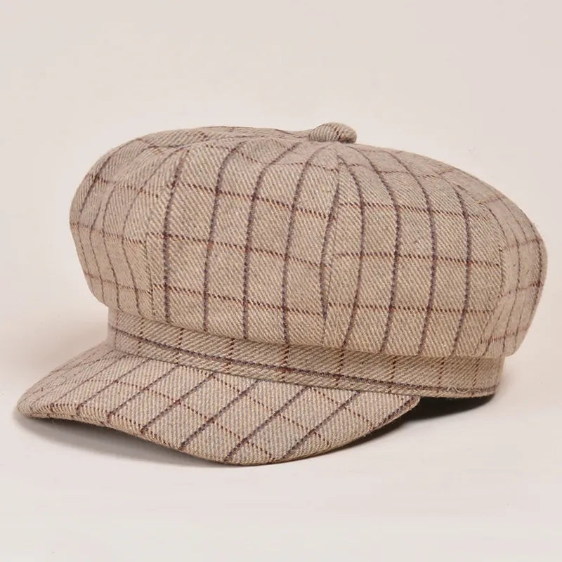 K239 Women’s Retro Plaid Beret Hat for Autumn and Winter