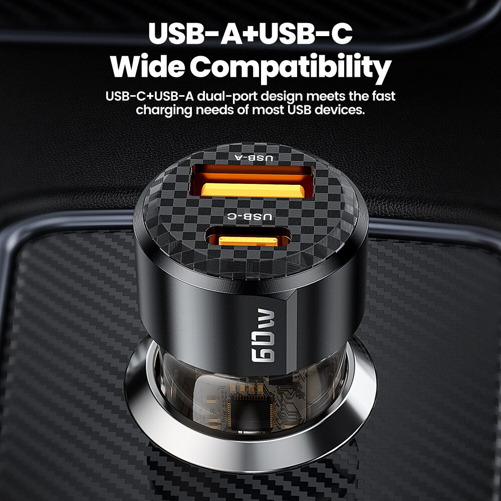 60W Dual-Port Fast Car Charger with PD 27W and Transparent Design