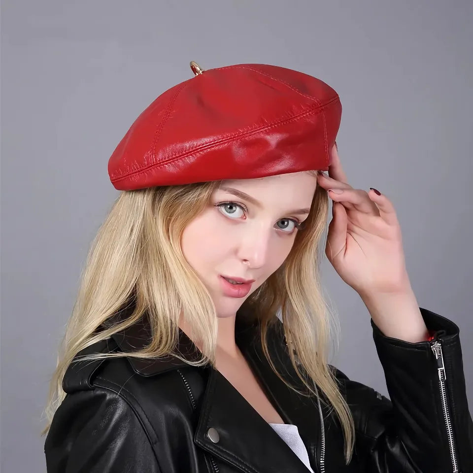 Chic Leather Beret Hat for Women – European Style Painter Cap in Rainbow Colors