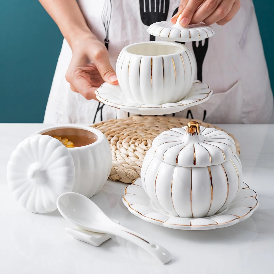 Elegant Gold Ceramic Pumpkin Soup Bowl with Lid