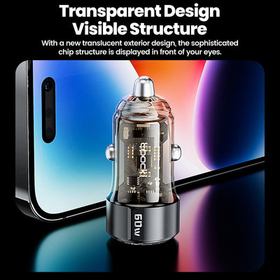 60W Dual-Port Fast Car Charger with PD 27W and Transparent Design