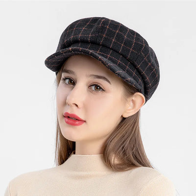 K239 Women’s Retro Plaid Beret Hat for Autumn and Winter