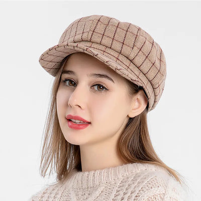 K239 Women’s Retro Plaid Beret Hat for Autumn and Winter