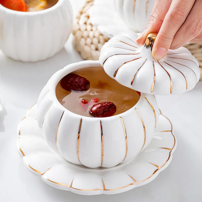 Elegant Gold Ceramic Pumpkin Soup Bowl with Lid