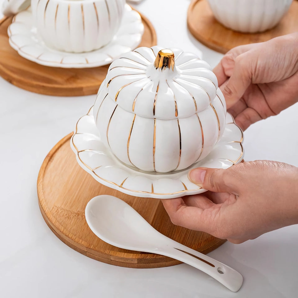 Elegant Gold Ceramic Pumpkin Soup Bowl with Lid