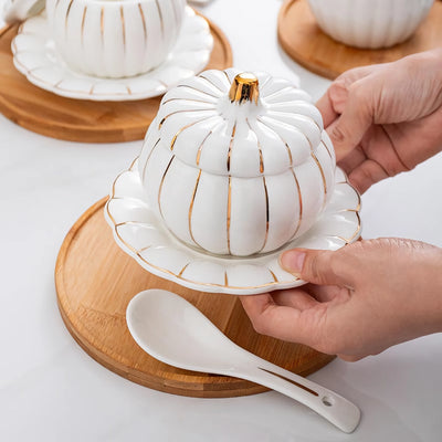 Elegant Gold Ceramic Pumpkin Soup Bowl with Lid